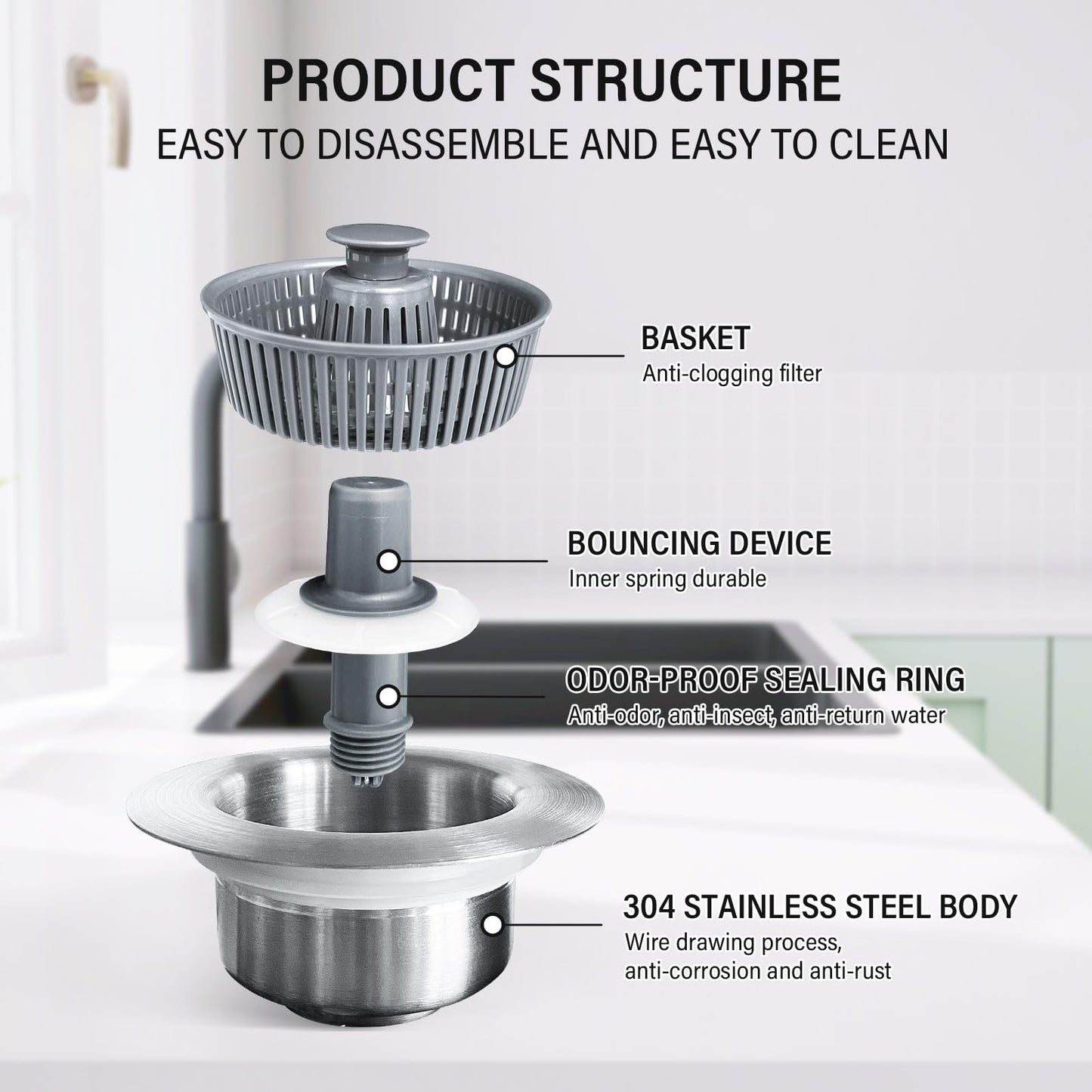 Exploded product structure showing basket, bounce device, sealing ring, and stainless steel body