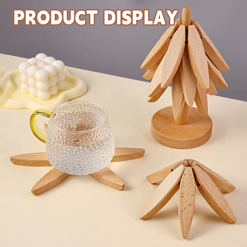 Natural Tree Trivet Set - 4 Wooden Trivets & 1 Stand Like a Christmas Tree