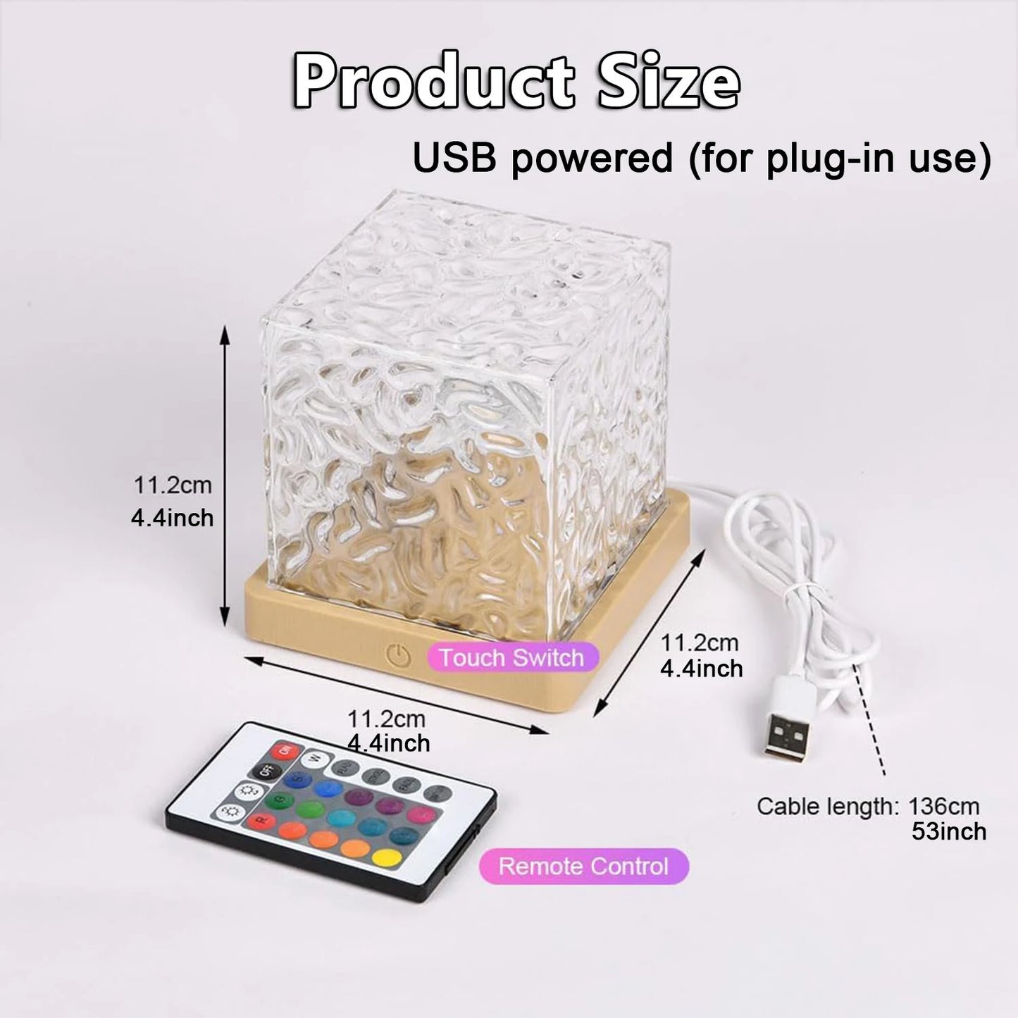 Water ripple cube lamp with remote control and USB cable