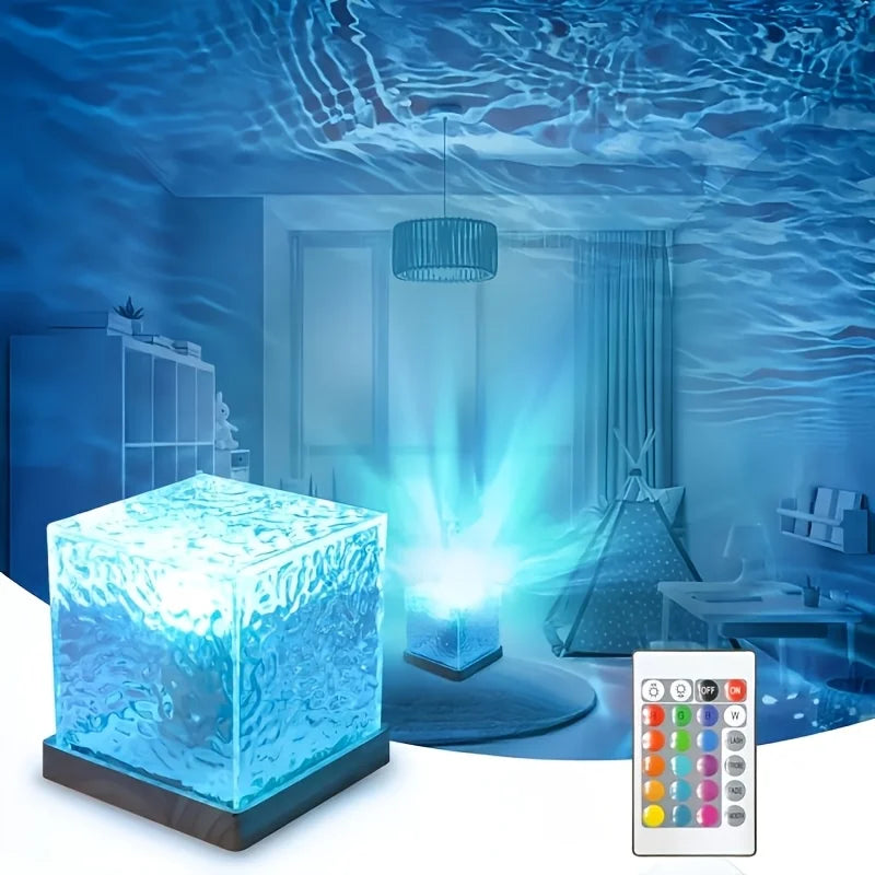Water ripple cube lamp projecting blue light with remote control