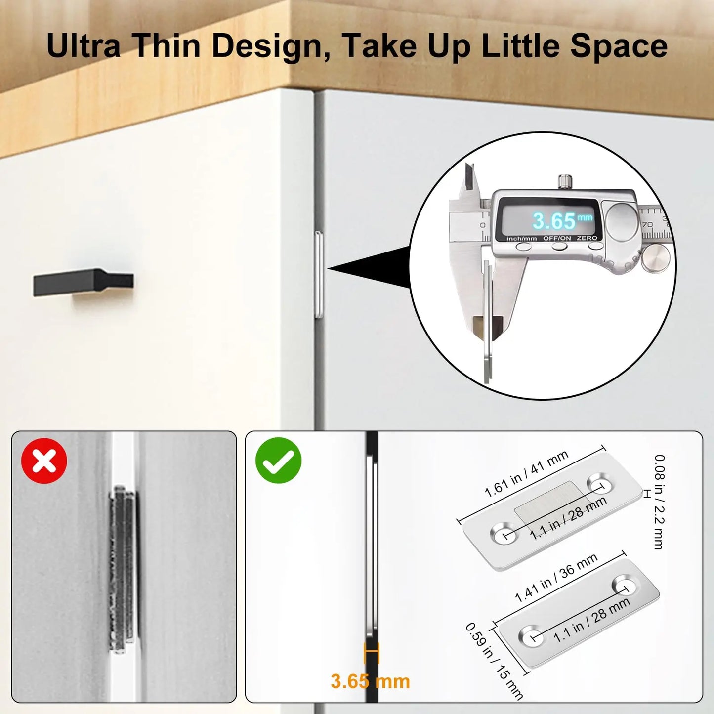 Ultra-thin cabinet magnetic catch thinness detail