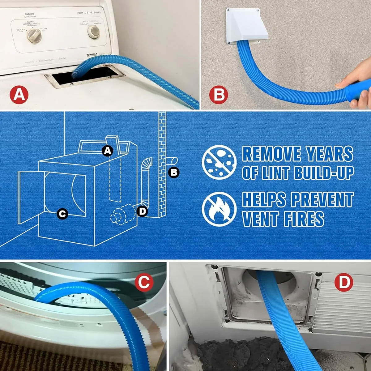 Dryer vent hose shown in multiple use locations around a dryer