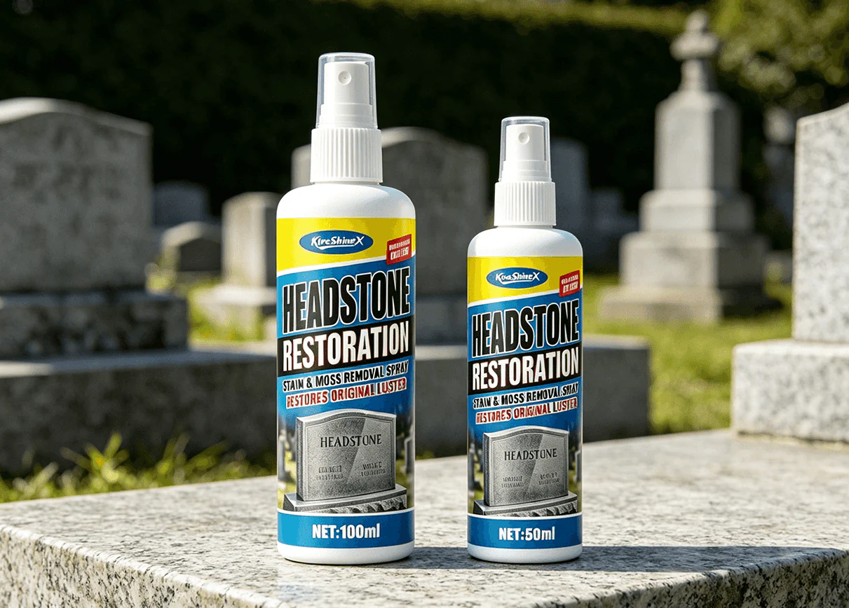 Headstone restoration spray bottles on stone surface