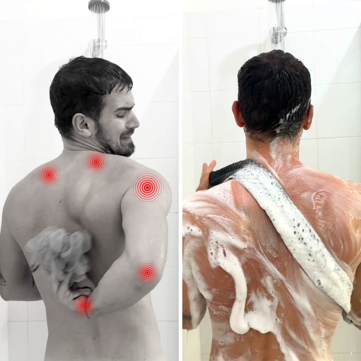 Long exfoliating towel used across the back in the shower
