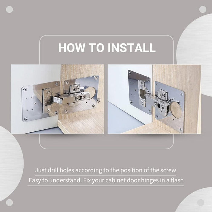 Cabinet hinge repair plate installation illustration