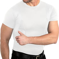 White crew-neck side-pocket tee in use