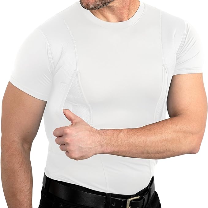 White crew-neck side-pocket tee in use
