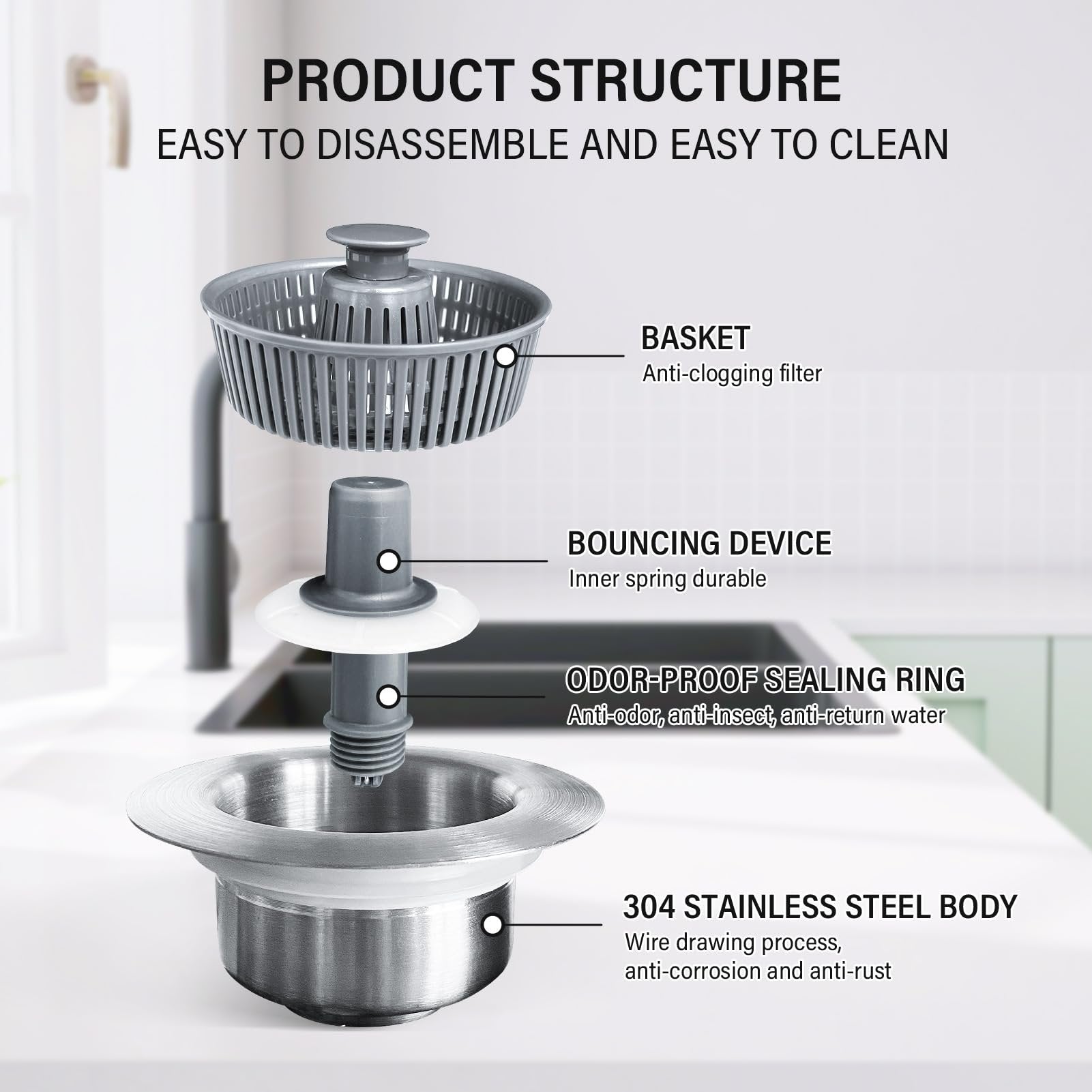 Exploded product structure showing basket, bounce device, sealing ring, and stainless steel body