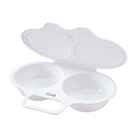 White dual-cavity microwave egg steamer with lid open
