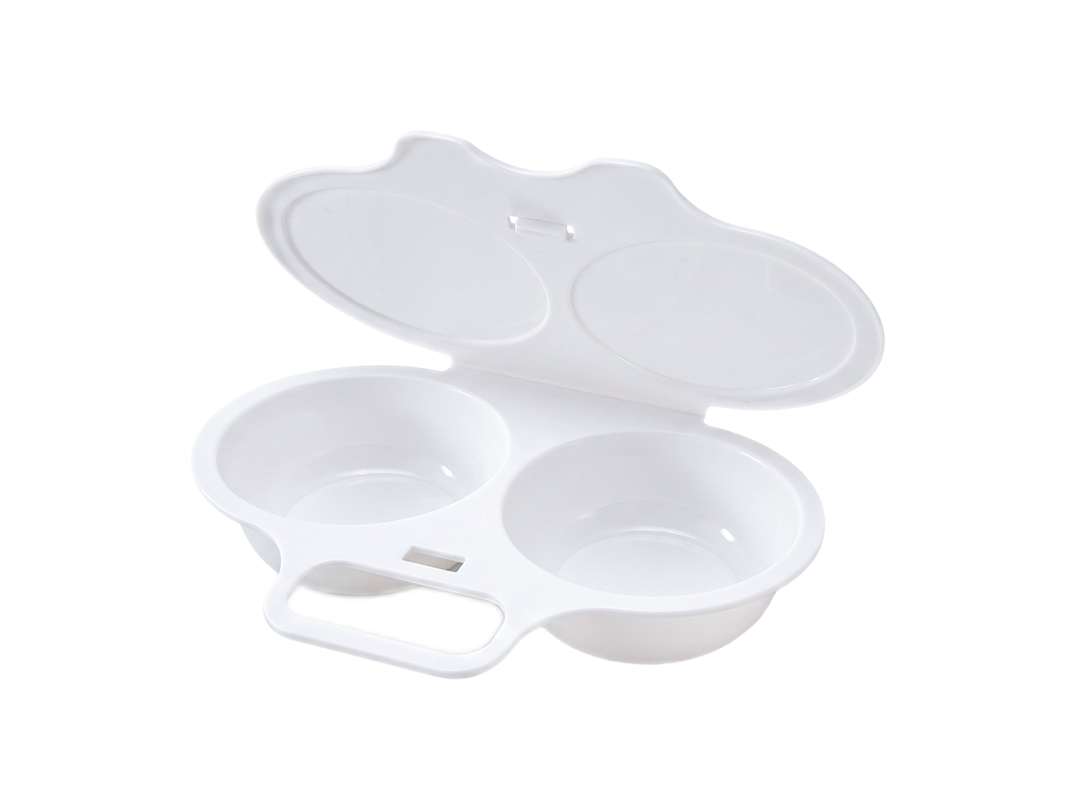 White dual-cavity microwave egg steamer with lid open