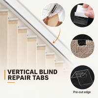 Vertical blind repair tab detail collage showing adhesive backing, repaired hanging slot and fold-over crease