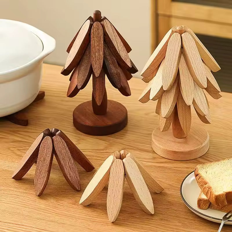 Natural Tree Trivet Set - 4 Wooden Trivets & 1 Stand Like a Christmas Tree