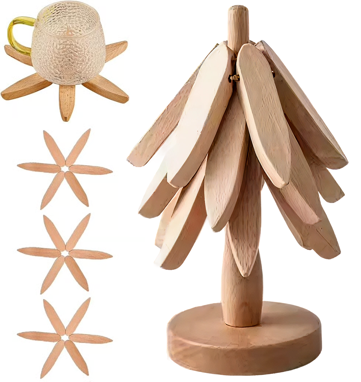 Natural Tree Trivet Set - 4 Wooden Trivets & 1 Stand Like a Christmas Tree