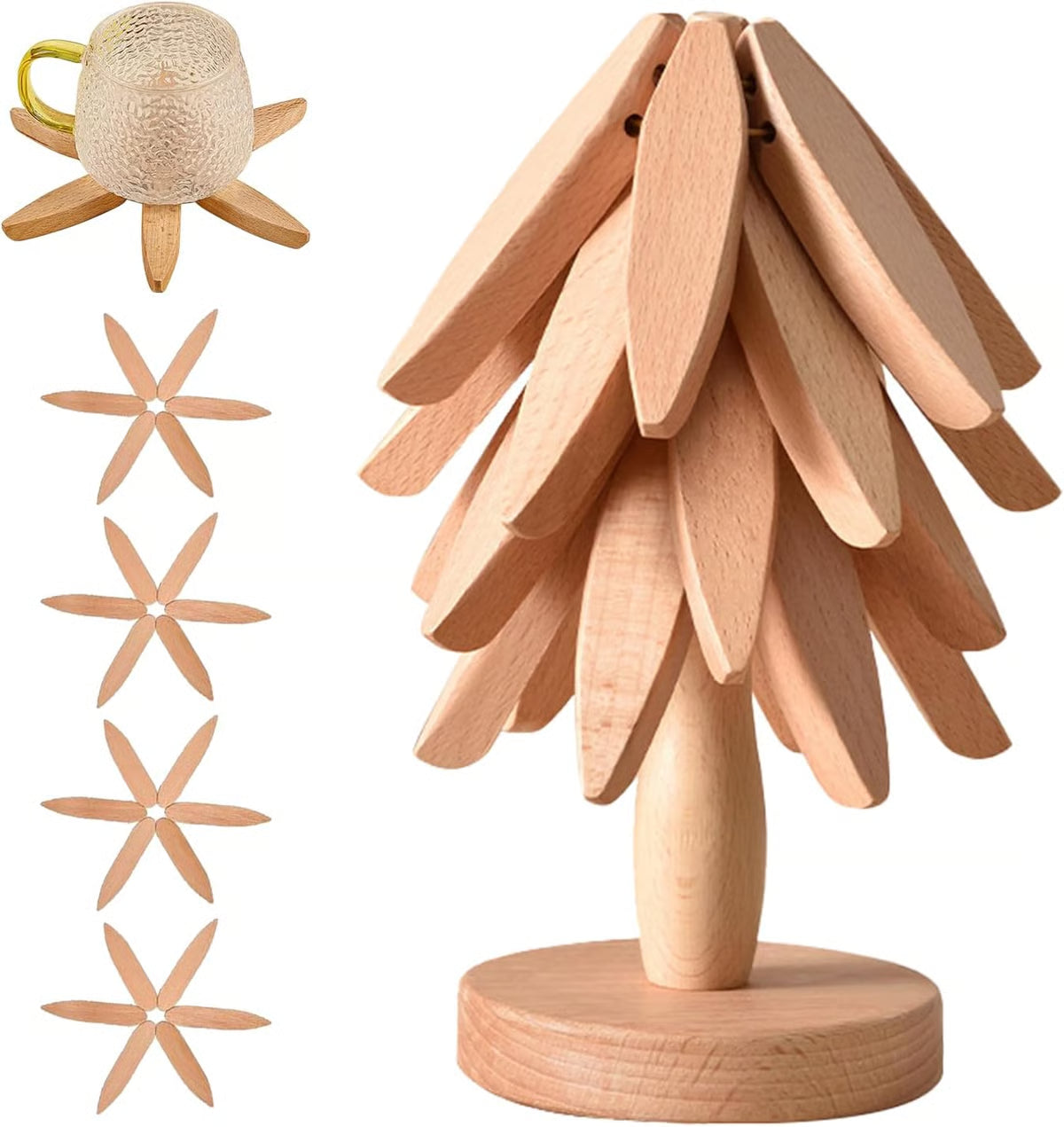 Natural Tree Trivet Set - 4 Wooden Trivets & 1 Stand Like a Christmas Tree