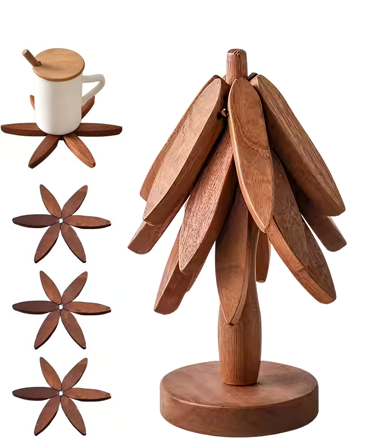 Natural Tree Trivet Set - 4 Wooden Trivets & 1 Stand Like a Christmas Tree