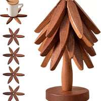 Natural Tree Trivet Set - 4 Wooden Trivets & 1 Stand Like a Christmas Tree