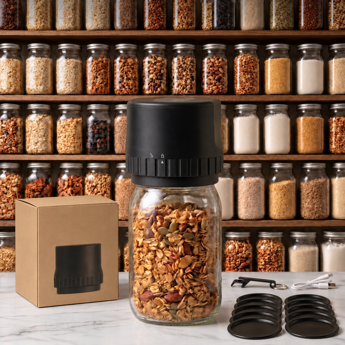 Cordless mason jar sealer and kit accessories on a pantry counter
