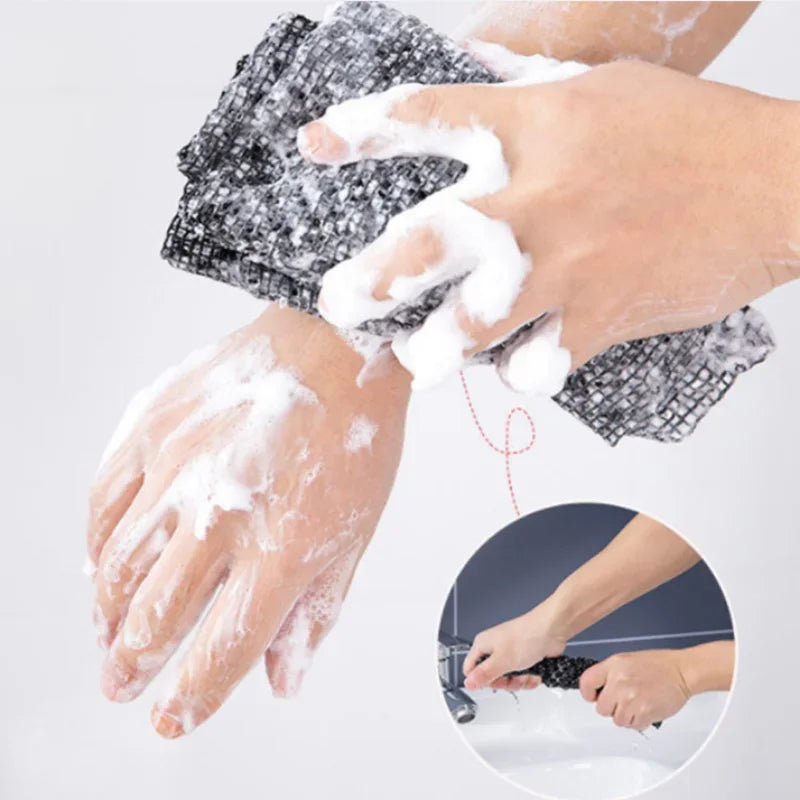 Textured exfoliating towel building a rich lather