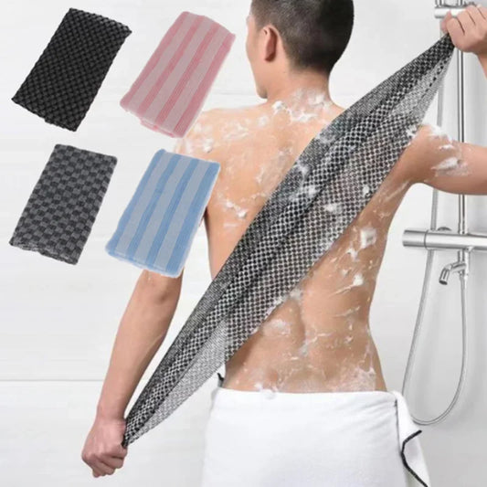 Exfoliating back towel in use across the back