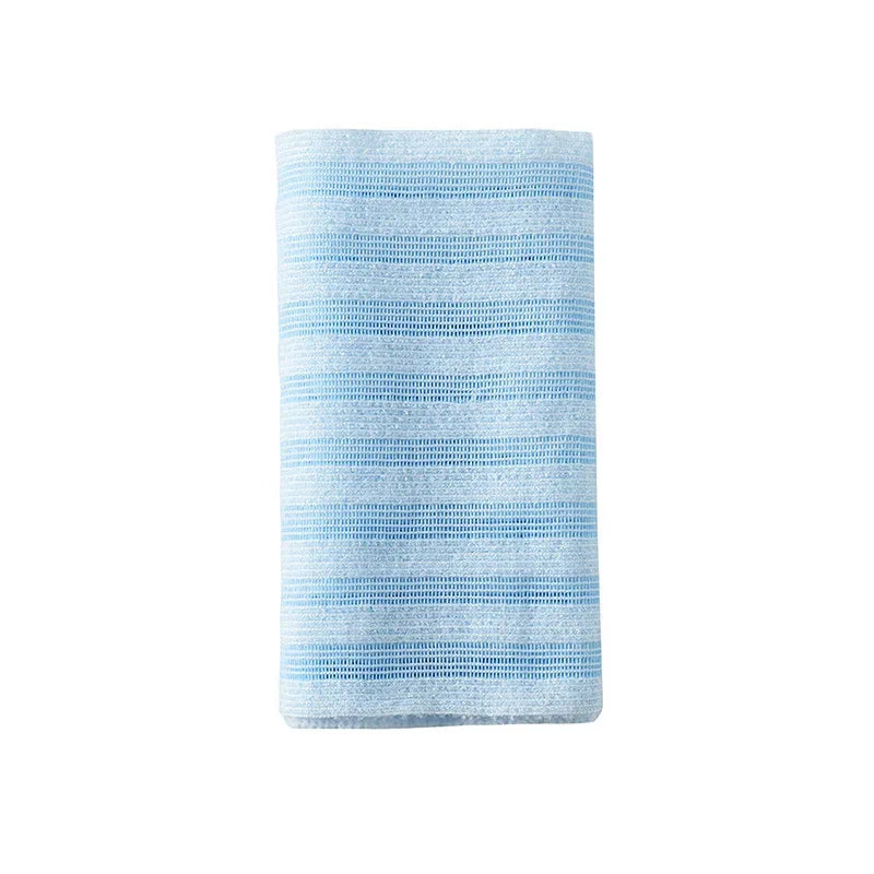 Blue exfoliating back towel folded flat