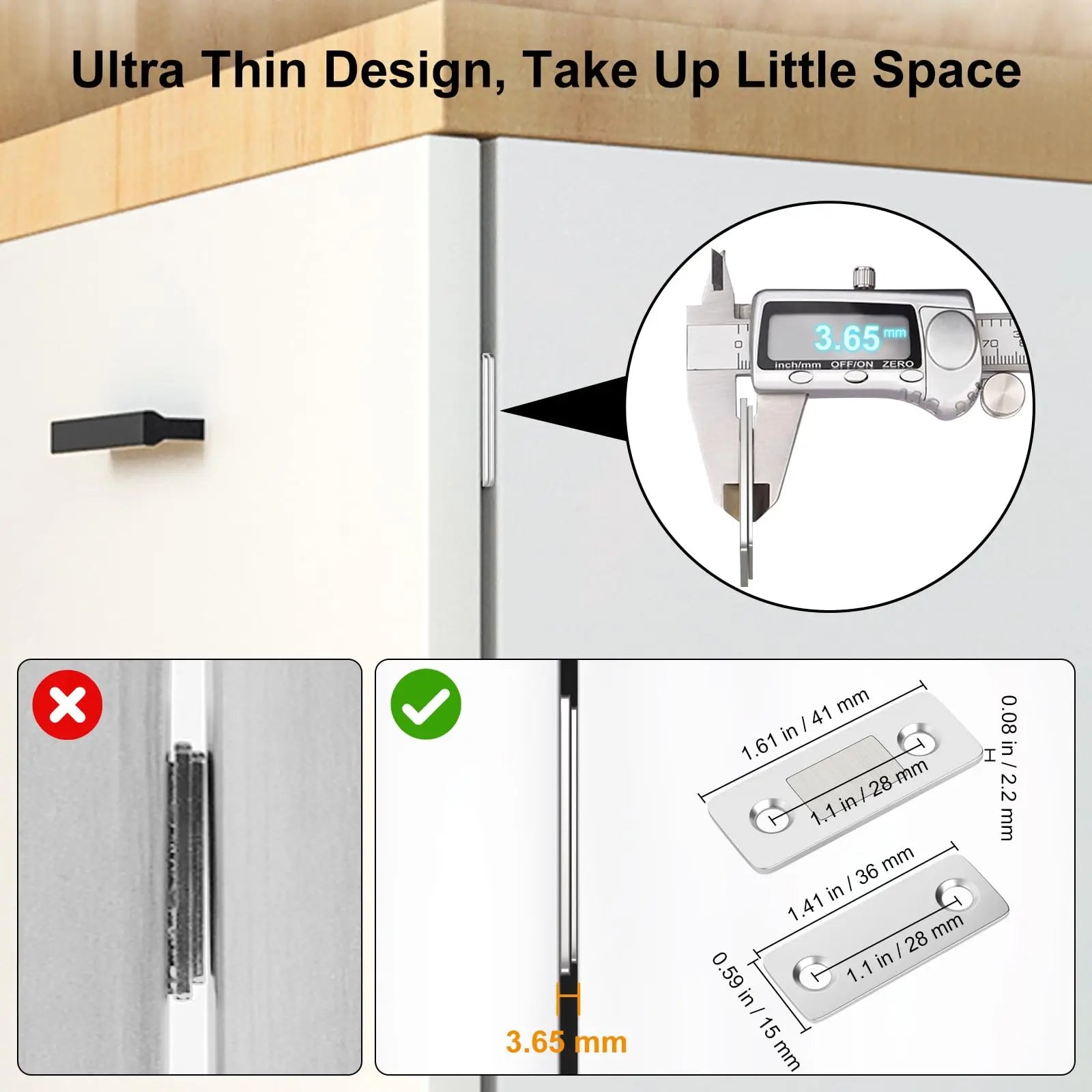 Ultra-thin cabinet magnetic catch thinness detail