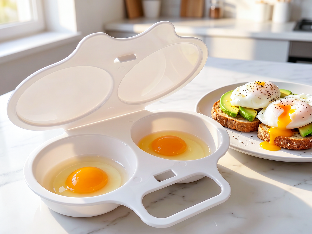 Open white two-cavity egg steamer with eggs beside avocado toast