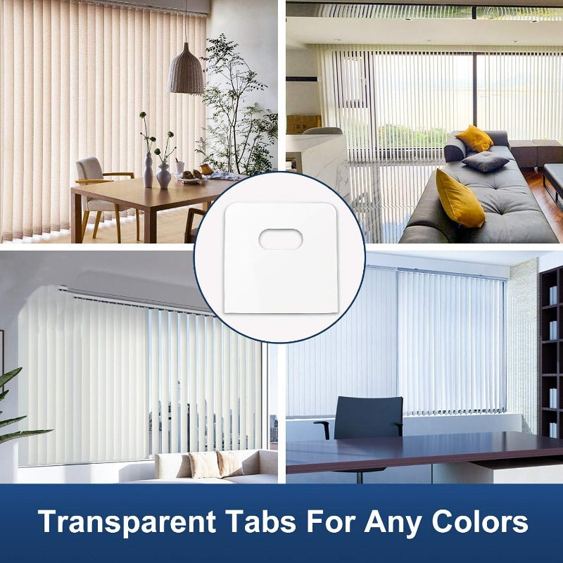 Clear tabs shown alongside vertical blinds
