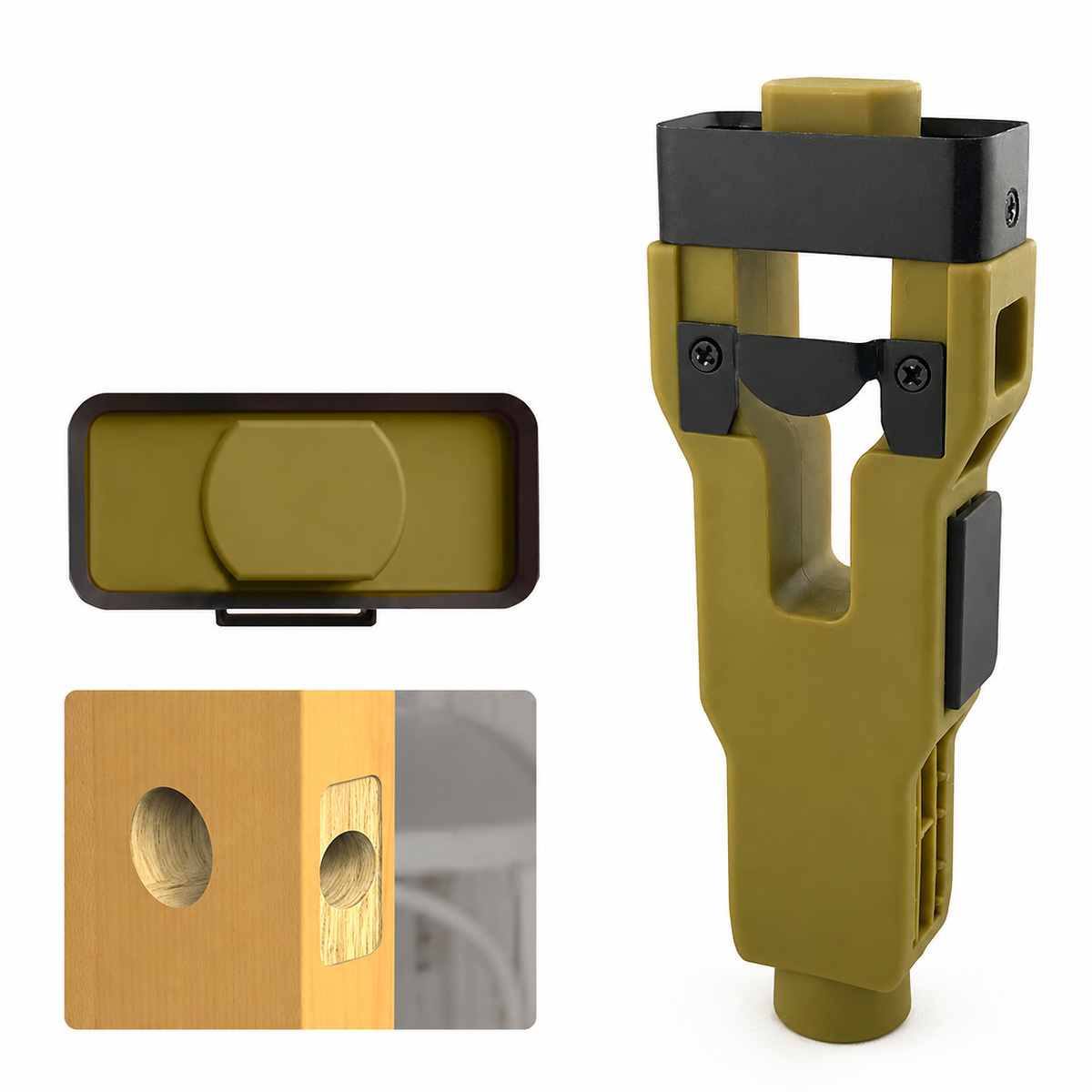 Green and black door latch installation tool beside its rectangular marking face and a prepared wooden door edge.