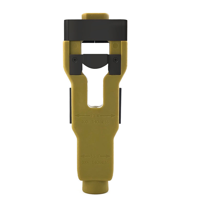 Front view of a green door latch installation tool with a black cross fence against a white background.