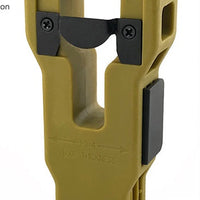 Angled front view of the green door latch installation tool against a white background.