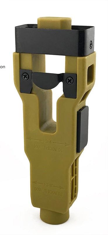 Angled front view of the green door latch installation tool against a white background.