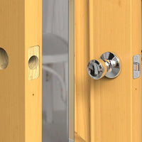 Wooden door edge shown before and after a latch recess is chiseled, with a round knob fitted on the completed door.