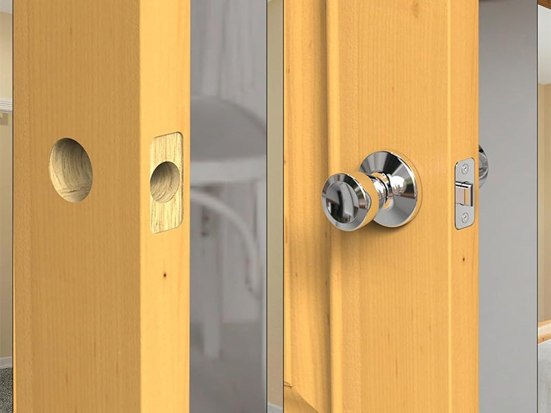 Wooden door edge shown before and after a latch recess is chiseled, with a round knob fitted on the completed door.