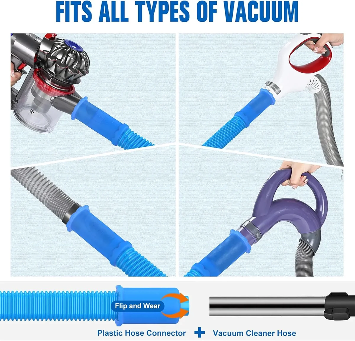 Dryer vent hose shown with multiple vacuum styles