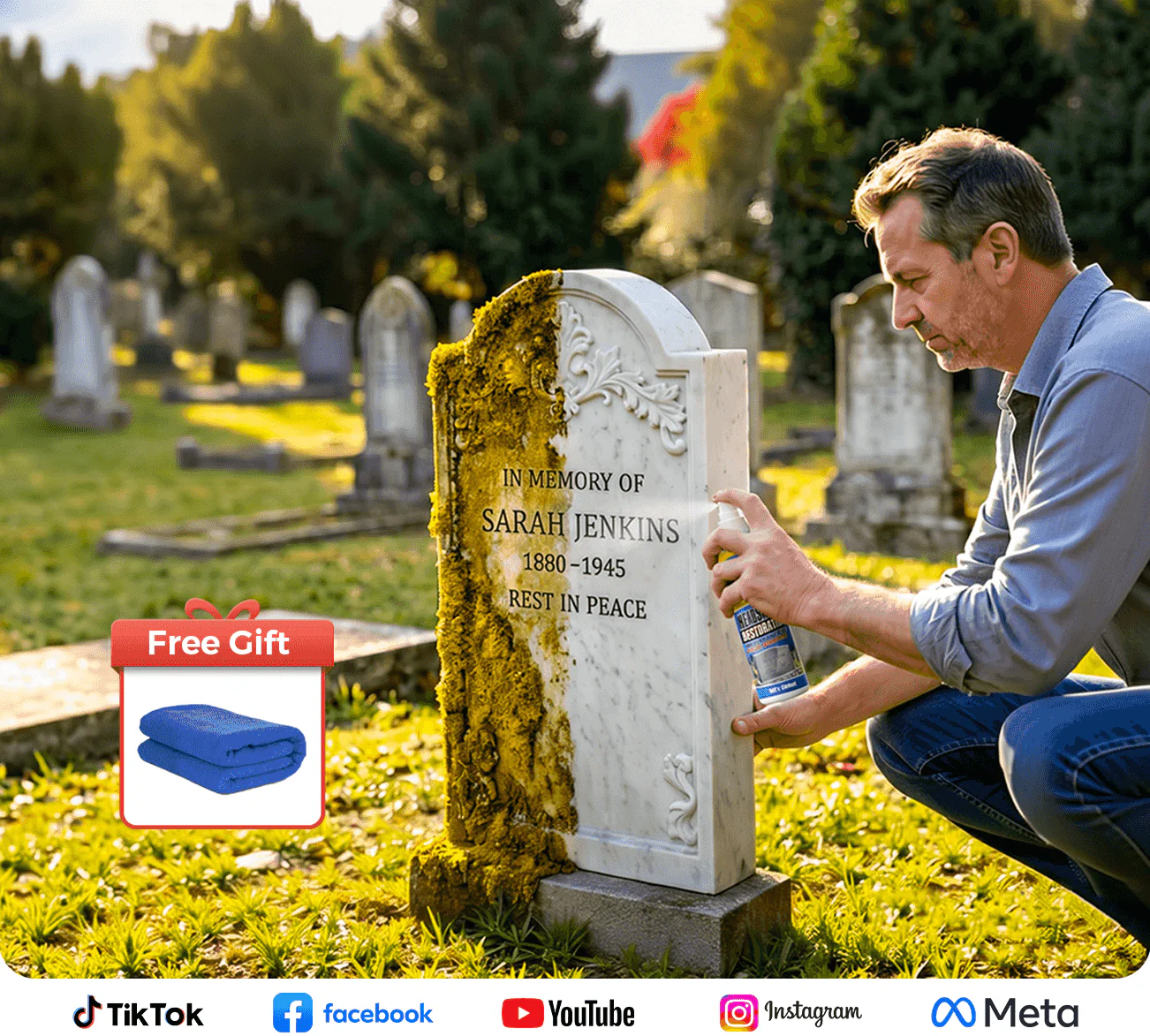 Headstone cleaning spray in cemetery setting