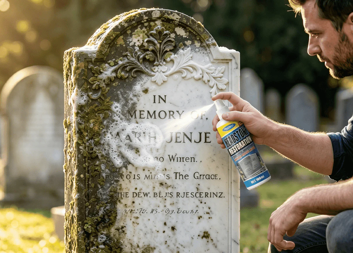 Headstone cleaning spray foam application close-up