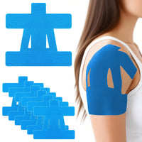 Stack of blue pre-cut shoulder patches beside a blue patch shown on a shoulder