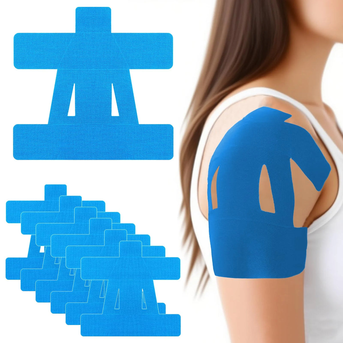 Stack of blue pre-cut shoulder patches beside a blue patch shown on a shoulder