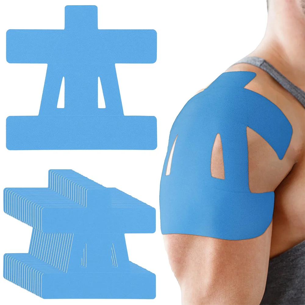 Blue pre-cut shoulder patch shown beside an applied blue patch on an upper arm
