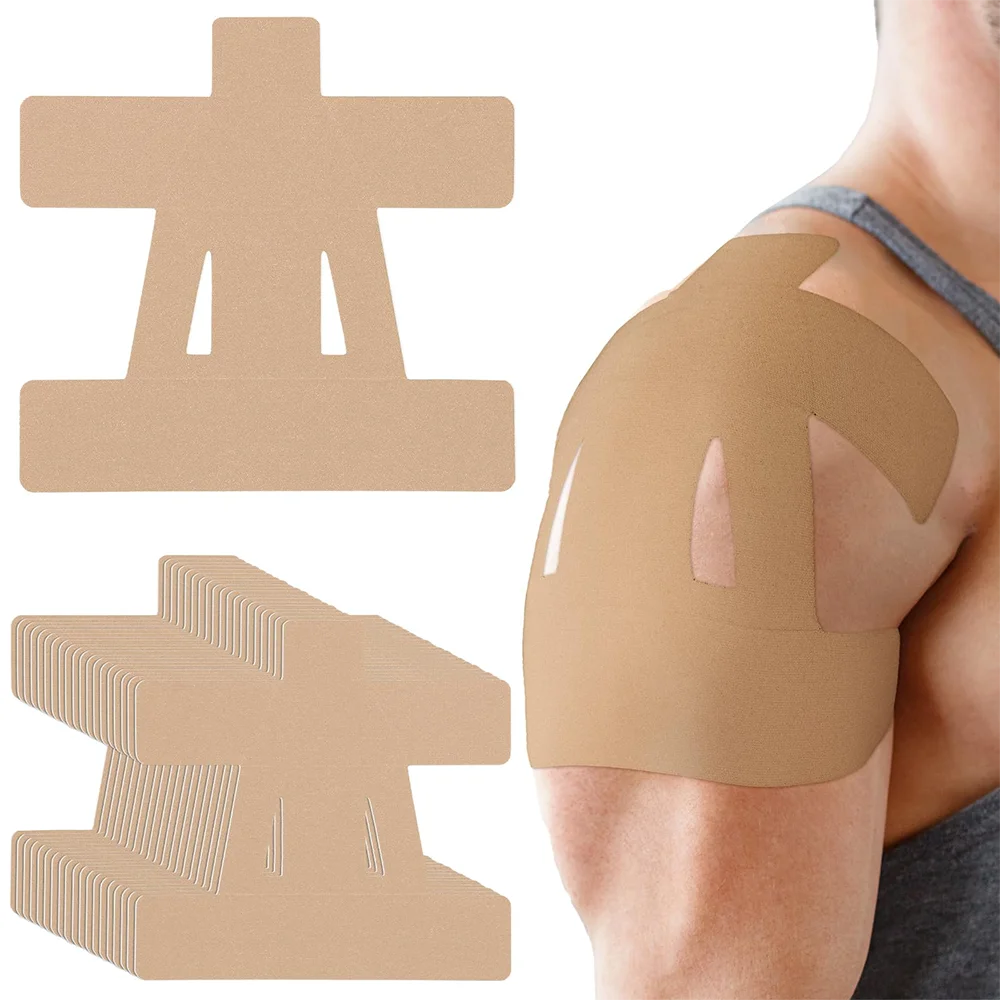 Beige pre-cut shoulder patch shown beside an applied beige patch on an upper arm