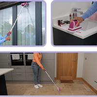 A seven-panel montage shows a flat scrubber used on an oven, glass door, sink, bathtub, wall, floor, and vehicle exterior.