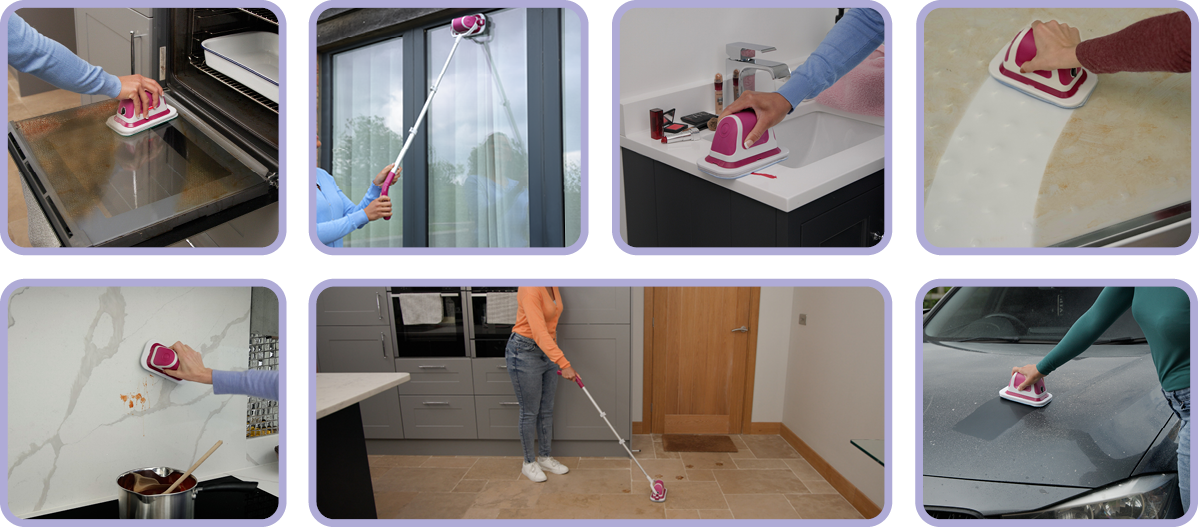 A seven-panel montage shows a flat scrubber used on an oven, glass door, sink, bathtub, wall, floor, and vehicle exterior.