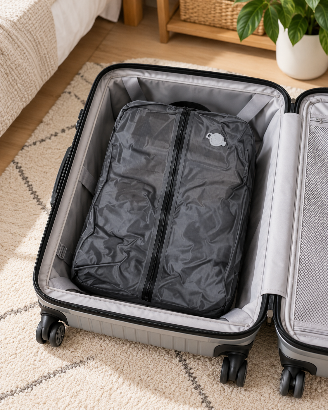 Black vacuum travel bag inside an open carry-on suitcase