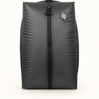 Black vacuum travel bag with a front zipper and round valve