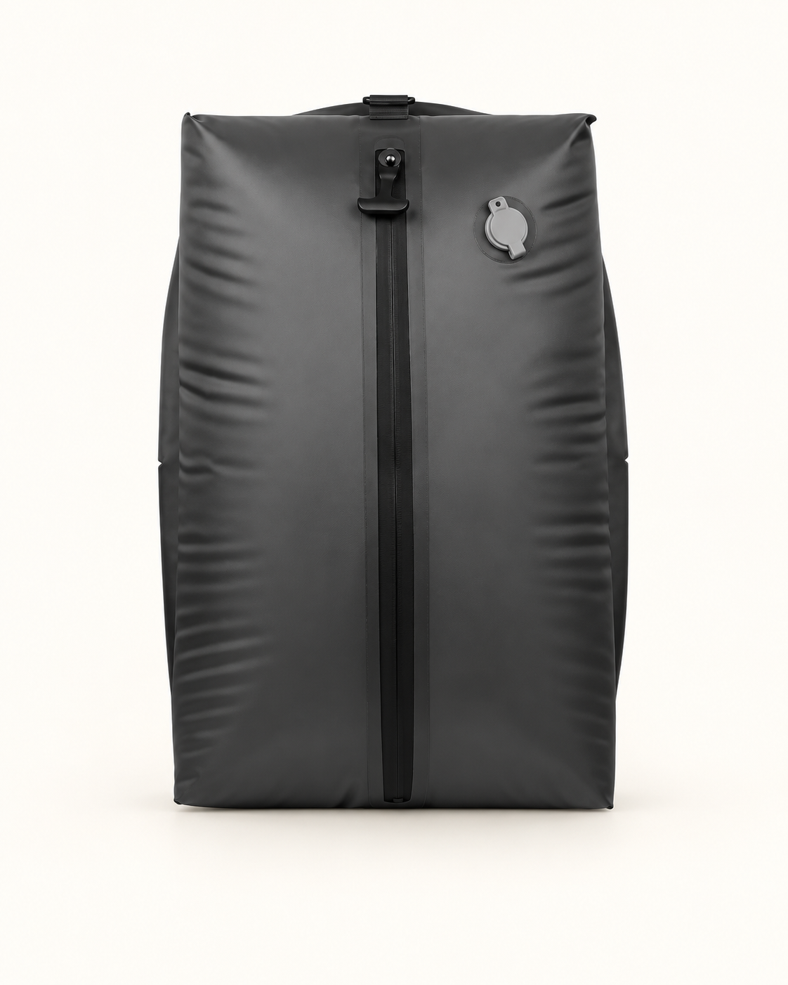 Black vacuum travel bag with a front zipper and round valve