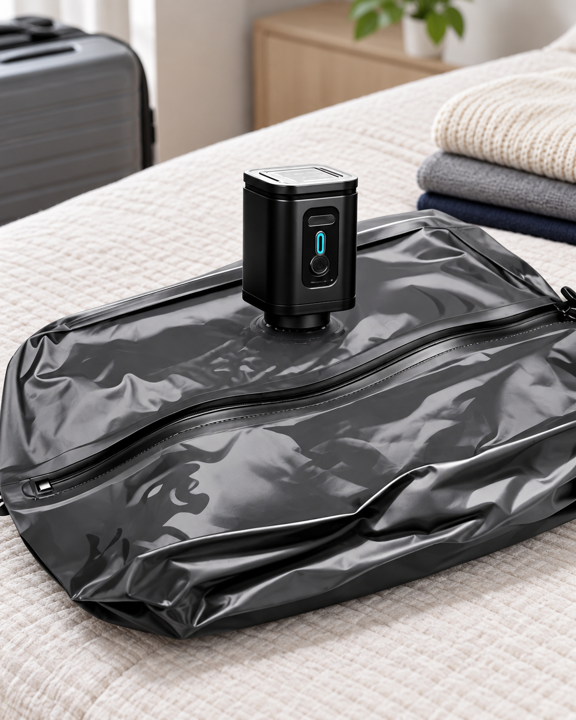 Black portable pump resting on a black vacuum travel bag
